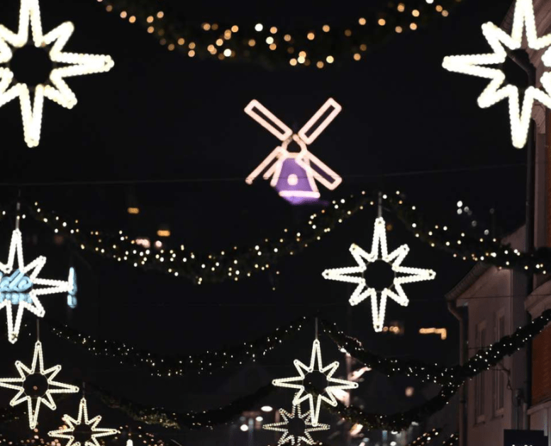 Christmas lights in the pedestrian street and Vejle Windmill