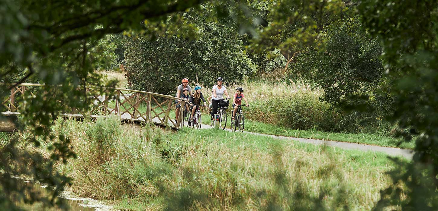 Familie på voksne og tre børn cykler langs Bindeballestien ved Vingsted