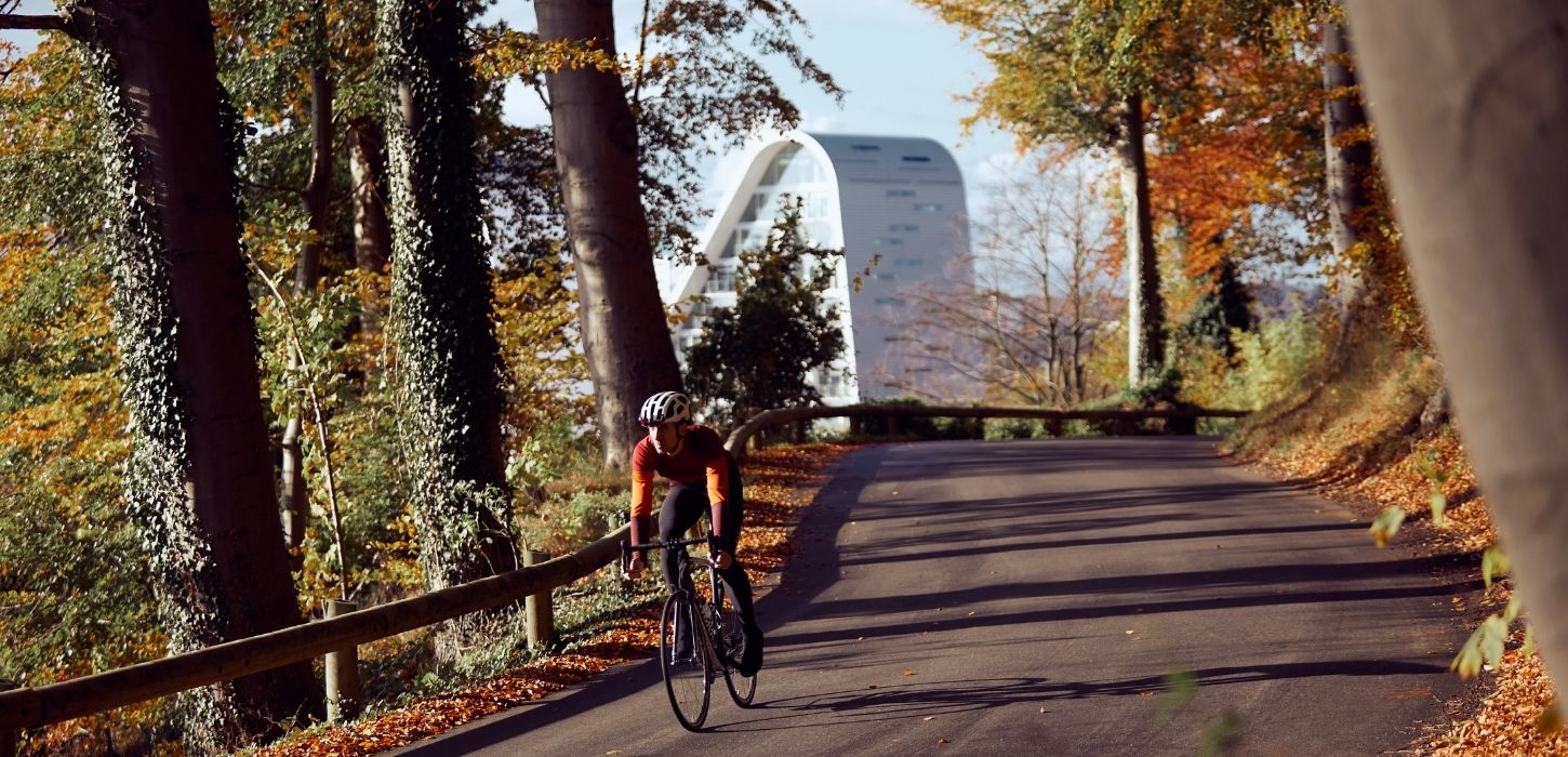 Cyclist on an autumn cycle ride in Nørreskoven in Vejle with the Bølgen in the background
