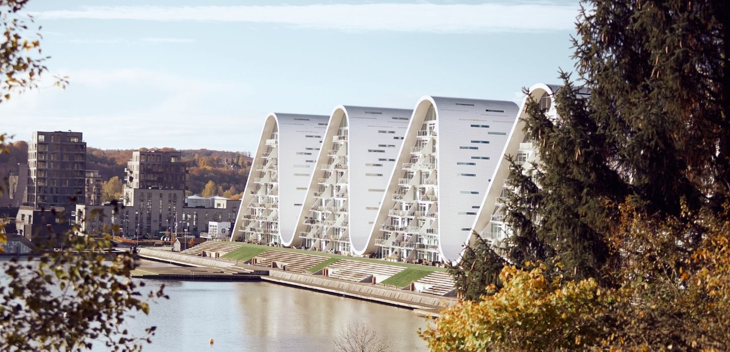 Bølgen og havnefronten set fra Nørreskoven om efteråret