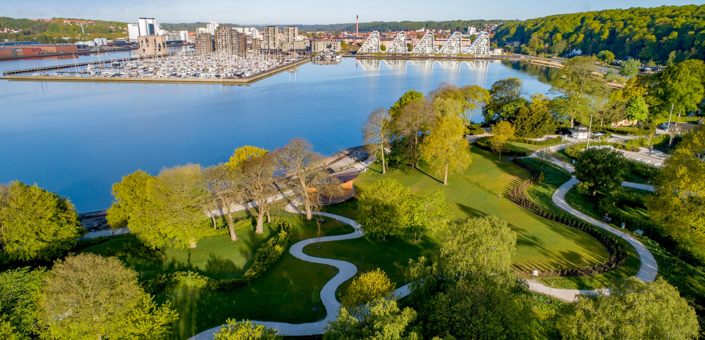 Dronebillede over Skyttehushaven og Vejle havnefront
