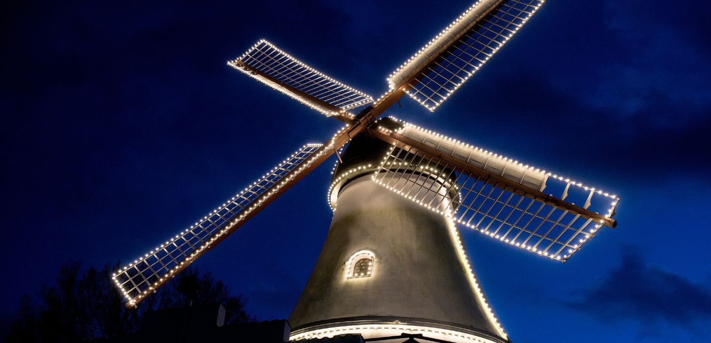 The Christmas lights shine at Vejle Windmill in December