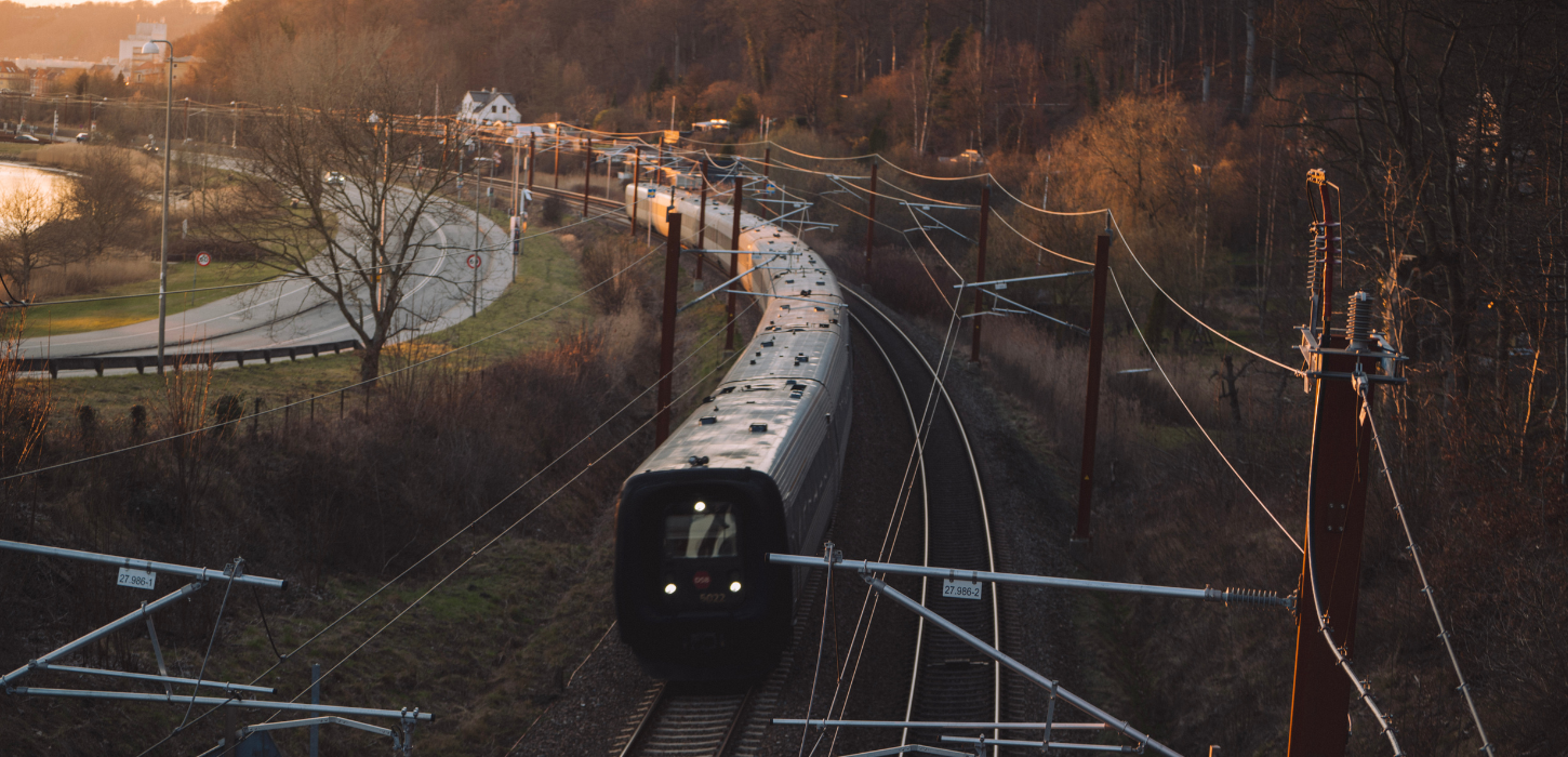 Train on a beautiful winter morning at Vejle Fjord