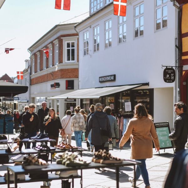 People on a shopping trip in the pedestrian street in Vejle
