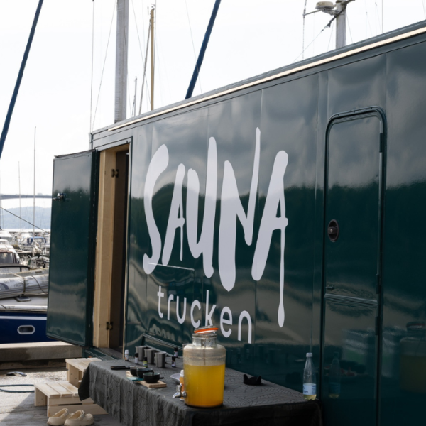 The sauna truck is permanently located by Vejle Fjord