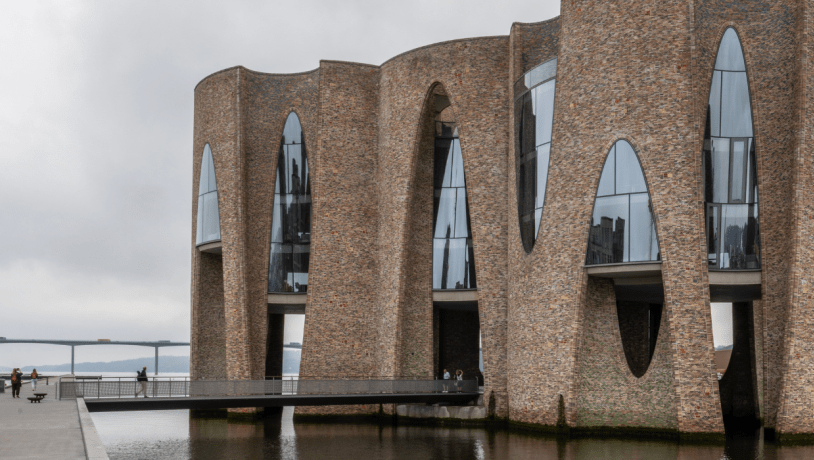 Fjordenhus at Vejle Yacht Harbor on a cloudy day