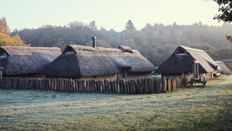 Houses in Vingsted Iron Age on a summer morning