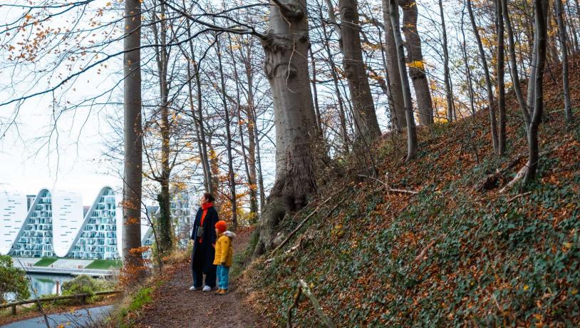 Mother and child on a walk in Nørreskoven in Vejle with a view to Bølgen (the Wave)