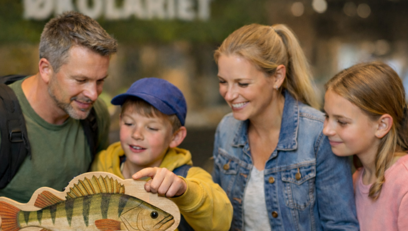 Family standing by a fish at Økolariet in Vejle