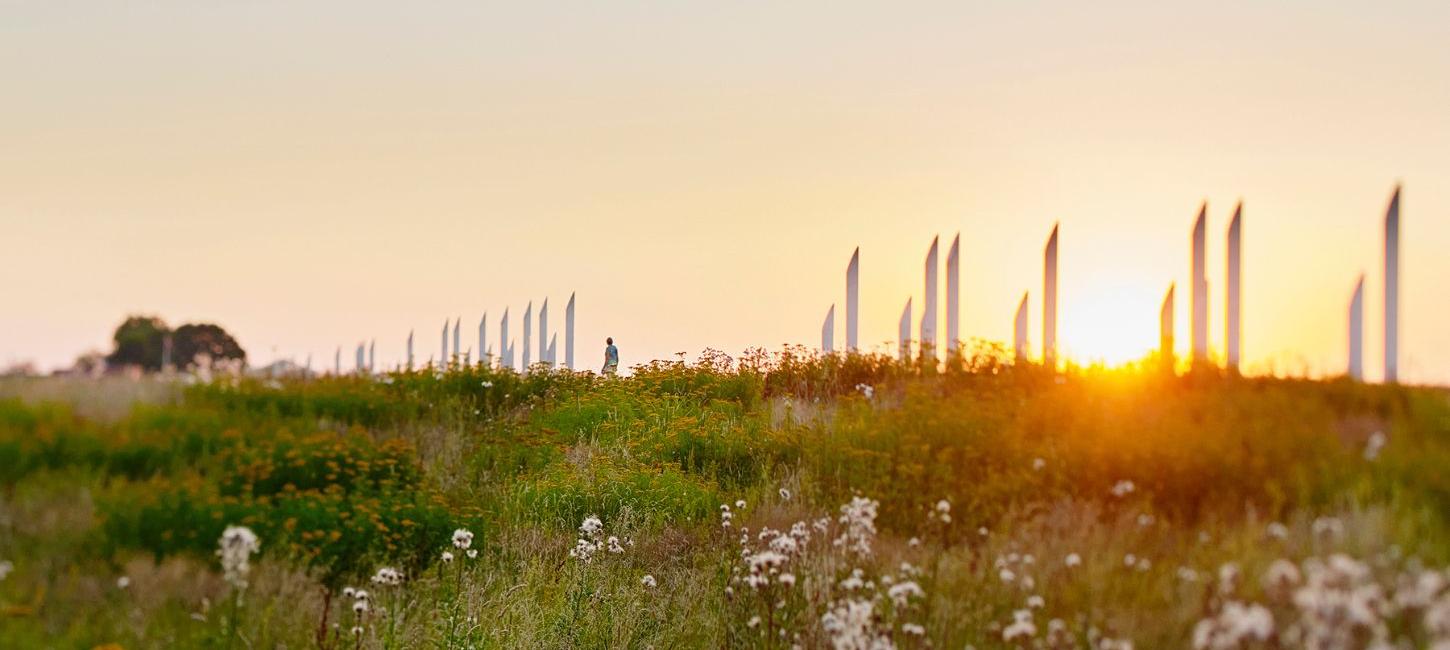 Jelling monument area with the palisades at sunset