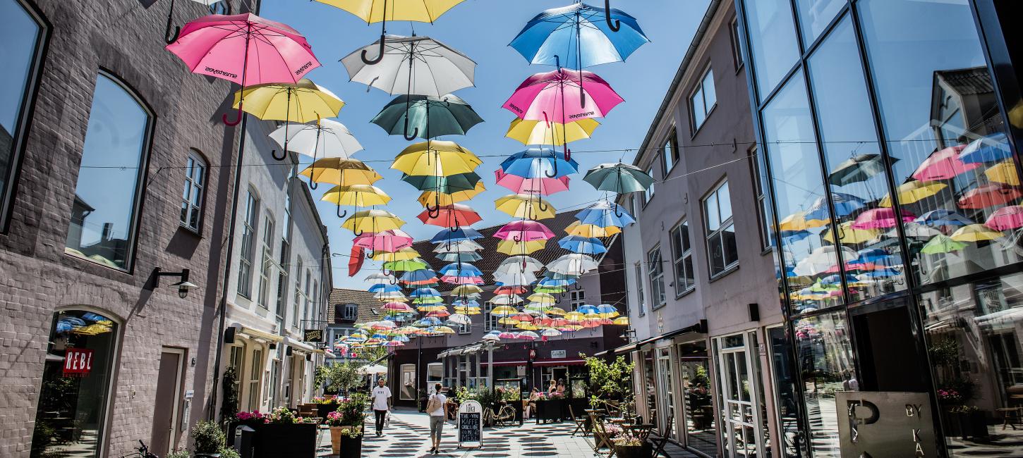 Blue sky with umbrellas in the center of Vejle