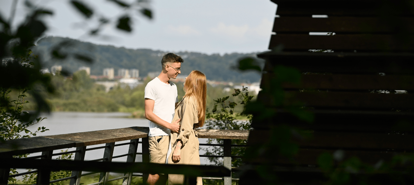 A couple on a romantic walk in nature at Kongens Kær in Vejle