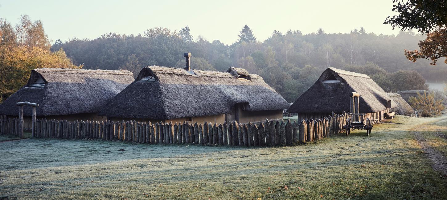 Houses in Vingsted Iron Age on a summer morning