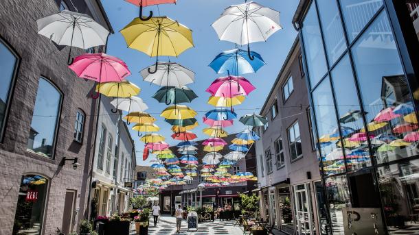 Blue sky with umbrellas in the center of Vejle