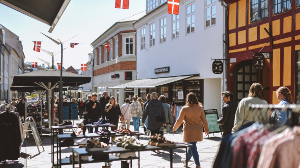 People on a shopping trip in the pedestrian street in Vejle