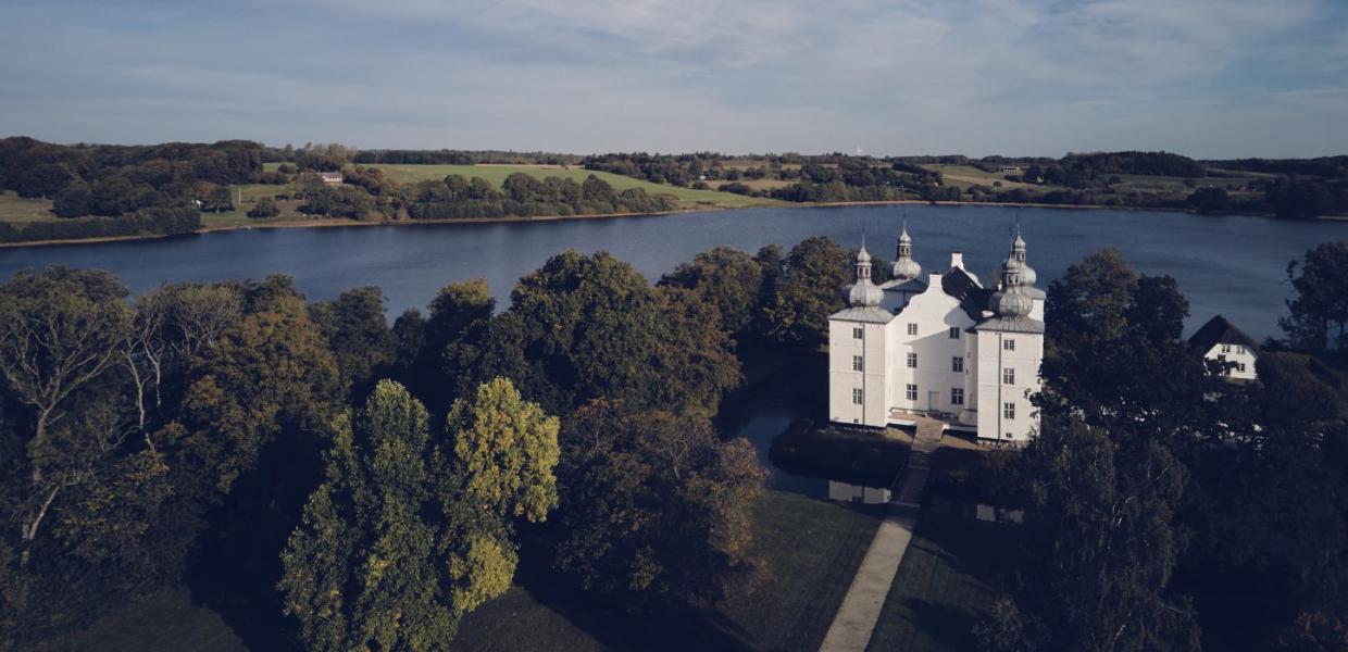 Aerial view of Engelsholm Castle, Engelsholm Lake and Engelsholm Castle Garden