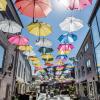 Blue sky with umbrellas in the center of Vejle