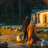 Couple taking a walk in Skyttehushaven by Vejle Fjord on a spring day
