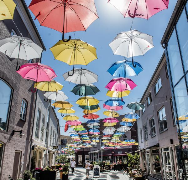 Blue sky with umbrellas in the center of Vejle