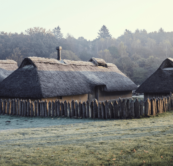 Houses in Vingsted Iron Age on a summer morning