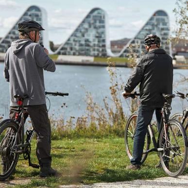 Three cyclists cycle along the East Coast Route and take a break at Vejle Fjord and enjoy the view of Bølgen