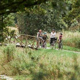 Family of two adults and three children cycling along Bindeballestien near Vingsted