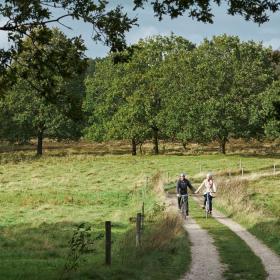 A couple cycling hand in hand at the source of Gudenåen
