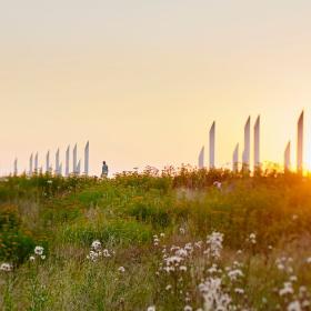 Jelling monument area with the palisades at sunset