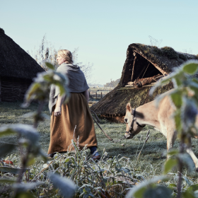 Woman with cow at Vingsted Jernalder