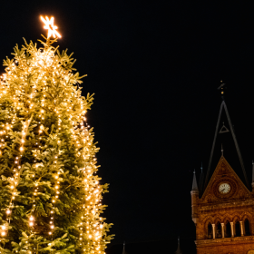 Lights on the Christmas tree at Rådhuspladsen in Vejle