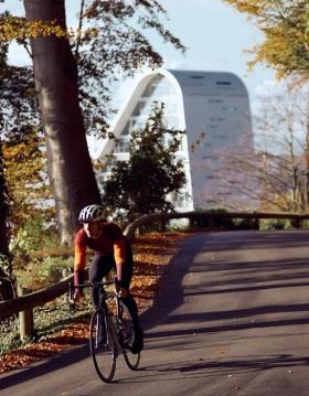Cyclist on an autumn cycle ride in Nørreskoven in Vejle with the Bølgen in the background