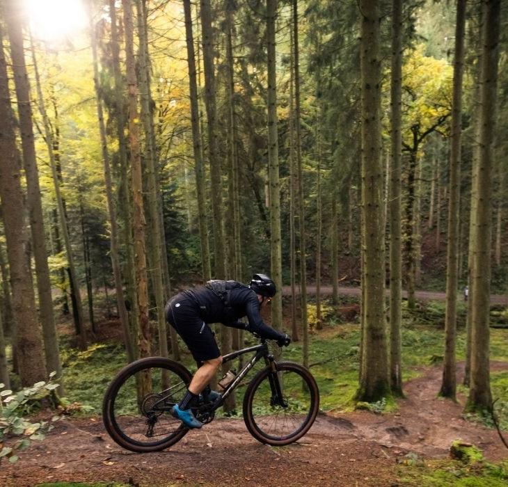 Cyclist on a mountain bike on the mountain bike track in Nørreskoven