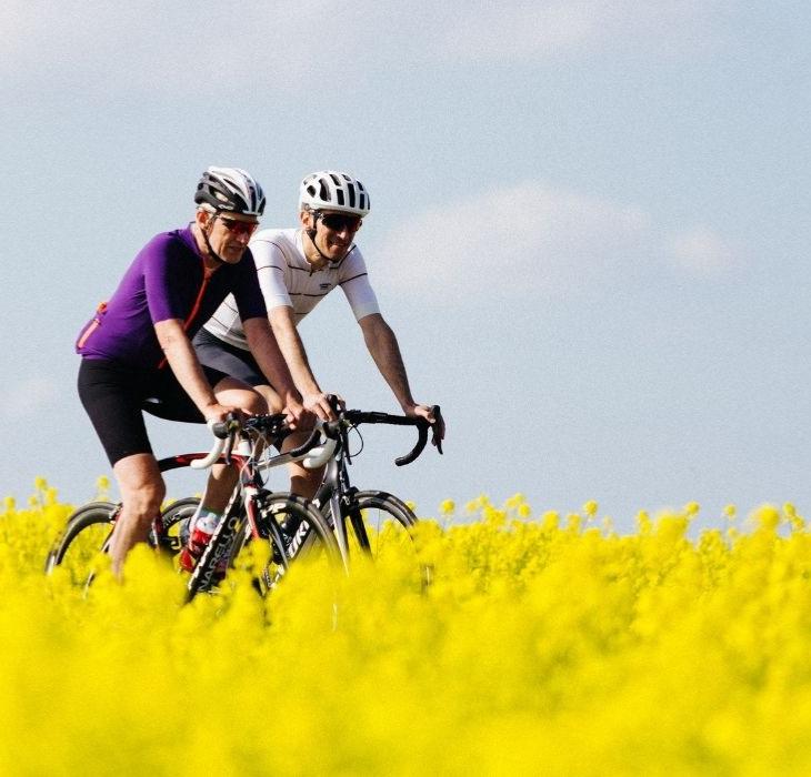 Cyklister på landevejen med gule rapsmarker